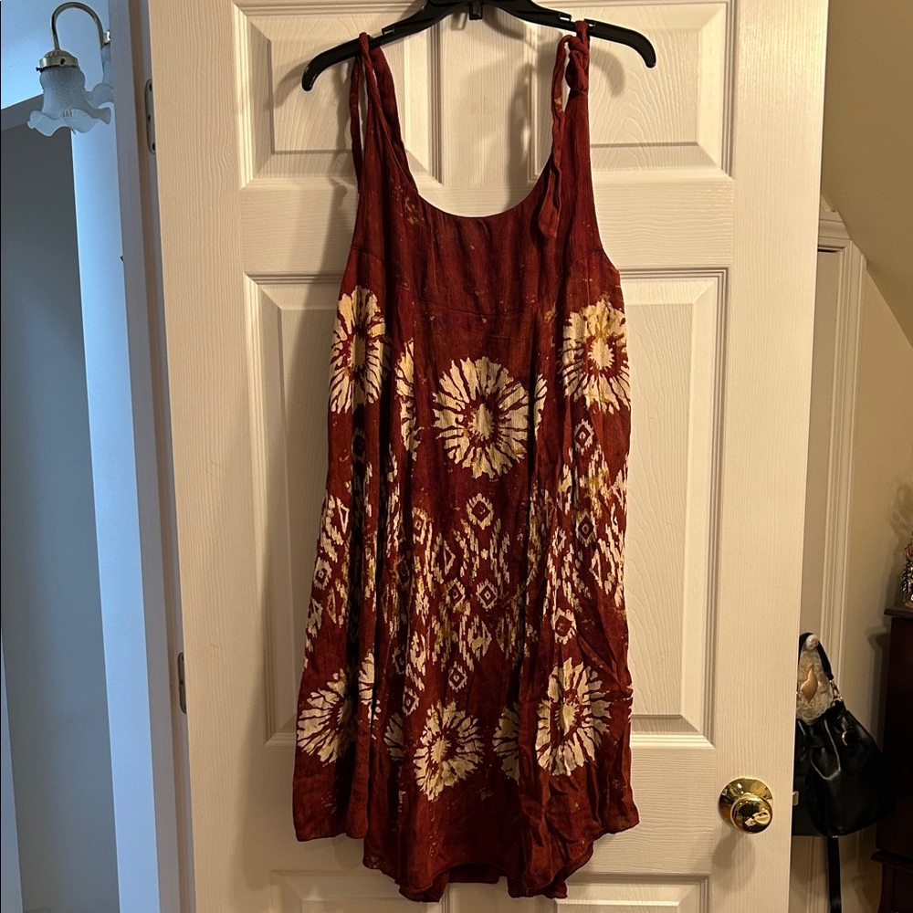 Free People Flowy Bohemian Red and White Sleeveless Dress Adjustable Tie Straps